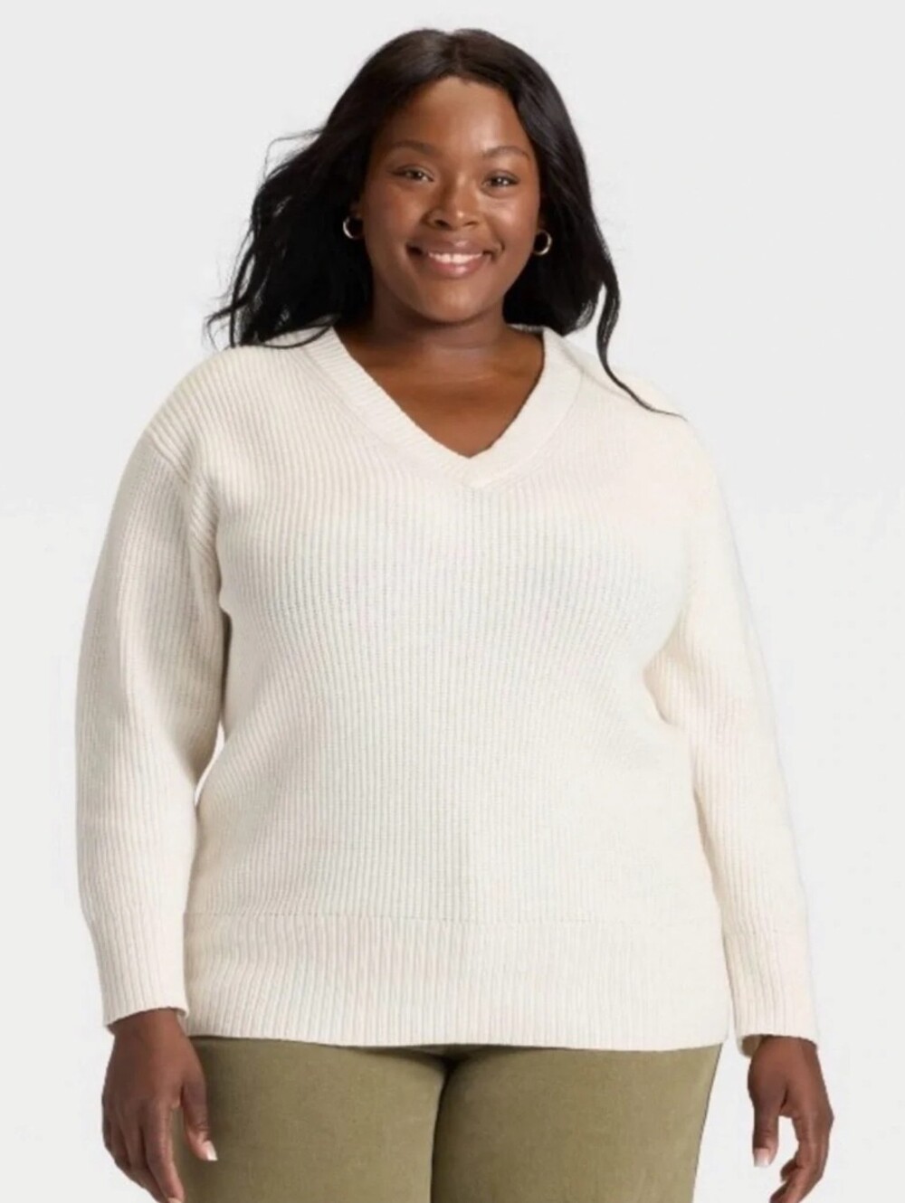 Ava & Viv Women's Long Sleeve V-Neck Pullover Sweater Oatmeal Size 1X